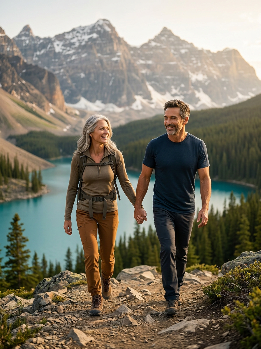 Active couple in their 50s hiking in the Canadian Rockies